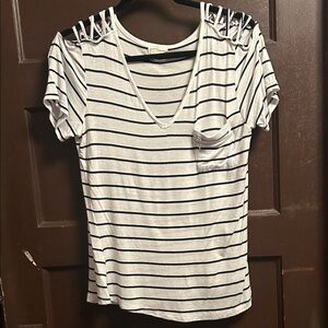 Glitz Black and White Striped V-Neck Top